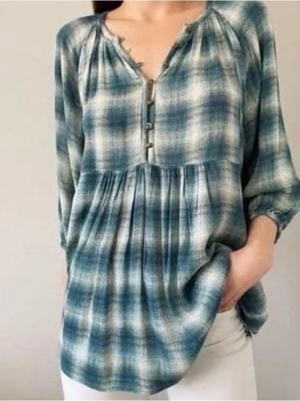 Maeve Anthropologie Women’s Blue Plaid Peasant Tunic and Top